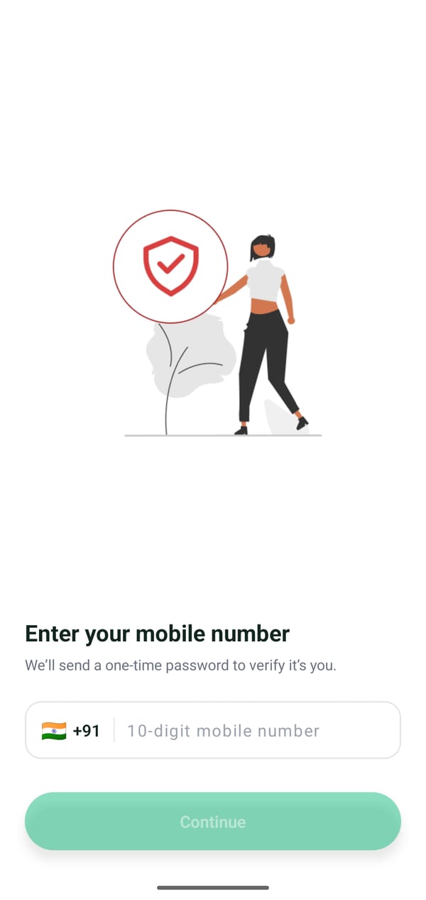Synckube sign-in screen asking for a 10-digit mobile number with the +91 code, and a Continue button.