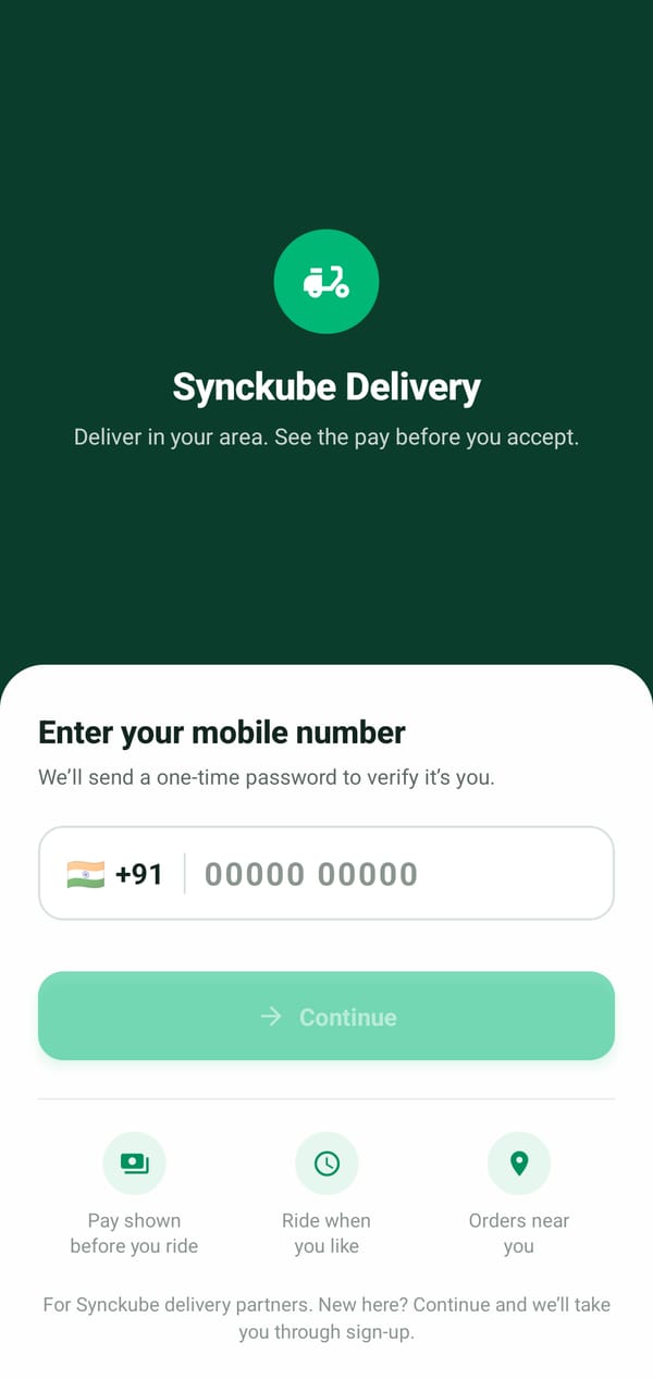 Synckube Delivery sign-in: enter a mobile number to receive a one-time password.