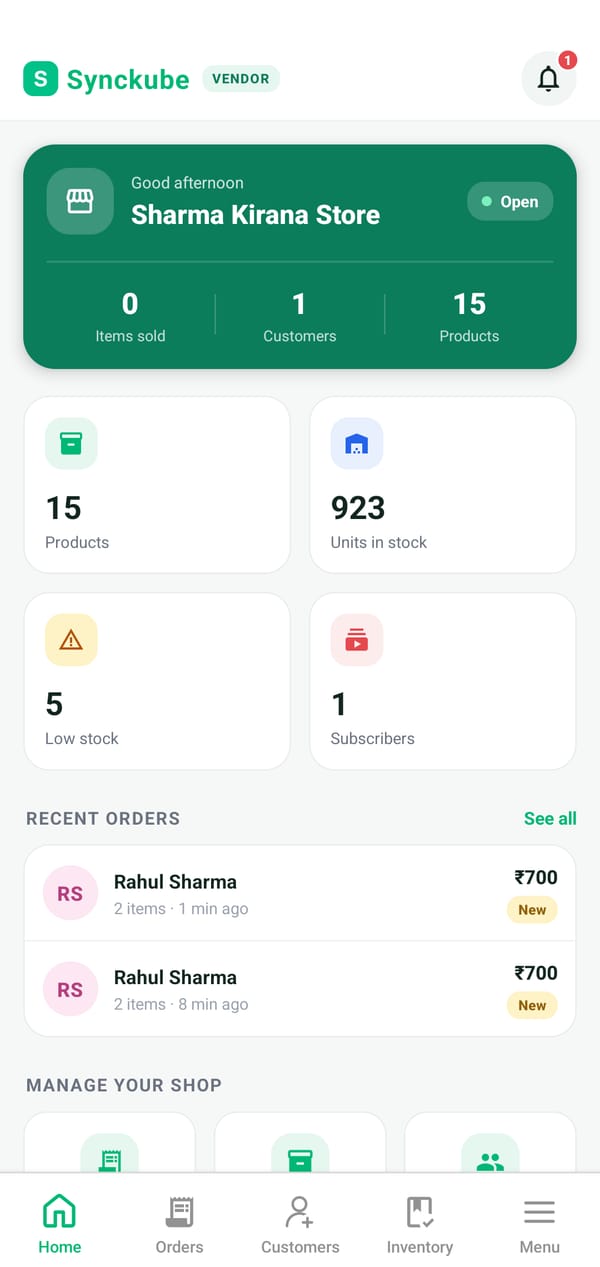 The shop dashboard for Sharma Kirana Store: items sold, customers and products, stock figures, and new orders.