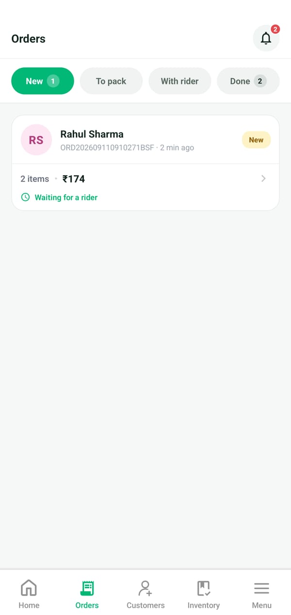 The shop's orders, sorted into New, To pack, With rider and Done, with a new order from Rahul Sharma for ₹174.