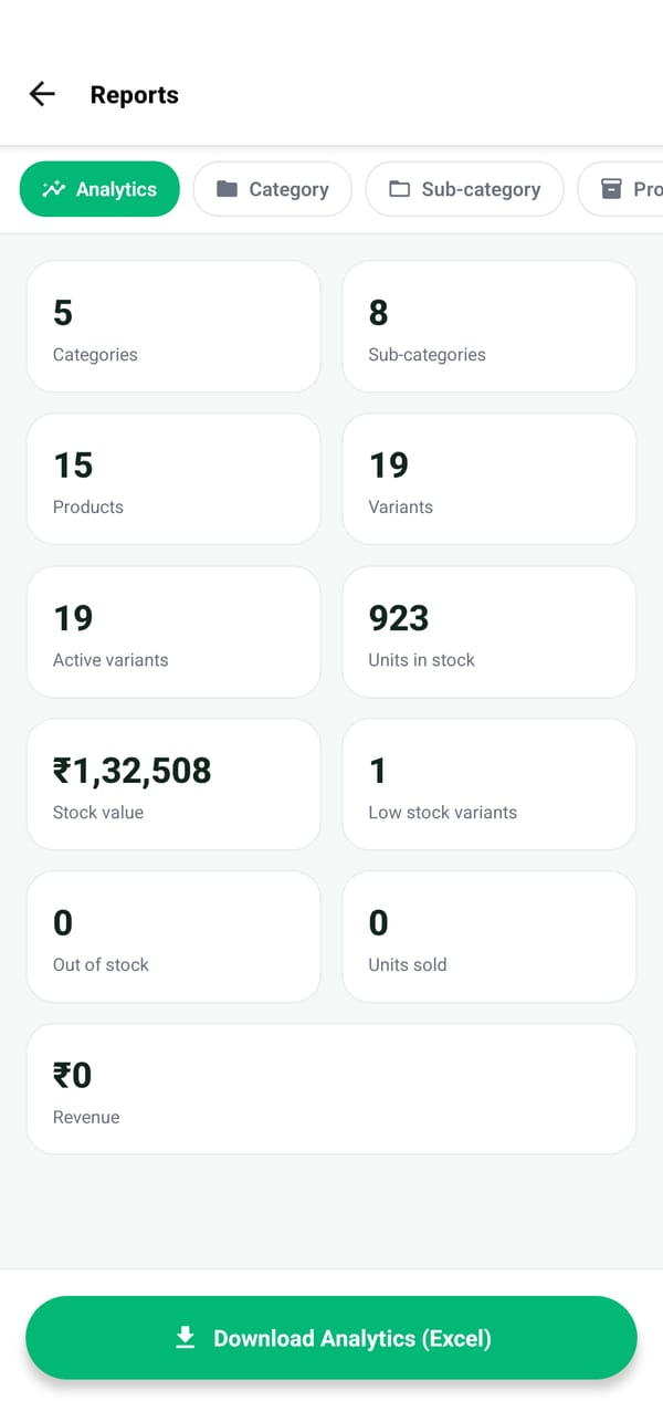 Shop reports: categories, products, variants, units in stock, stock value, low stock and revenue, with a download button.